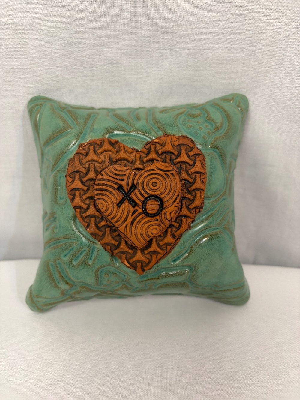Art Pottery Wall Hanging Green Glazed Love Heart XO Textured Signed